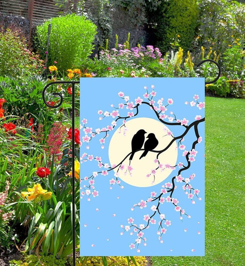 Spring Two Couple Birds Bloom Flowers Branch Full Moon Summer Seasonal Garden Yard Flag 12"x 18" Double Sided Polyester Welcome House Flag Banners...