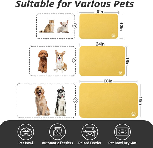 Pet Feeding Mat - Yellow 12"x 19" | Absorbent Dog Mat for Food and Water, No Stains Cat Bowl Mat, Easy to Clean Pet Placemats, Quick Dry Dog Water...