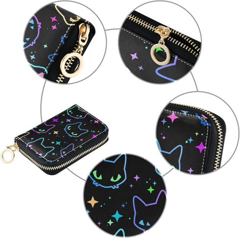 RFID Credit Card Holder Colorful Neon Cat Heads Leather With Zipper Card Case Wallet for Women Girls...