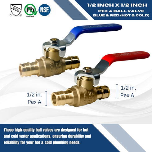 1/2" Pex A Expansion Ball Valve, Red/Hot and Blue/Cold 29-5-1&2 (2)...