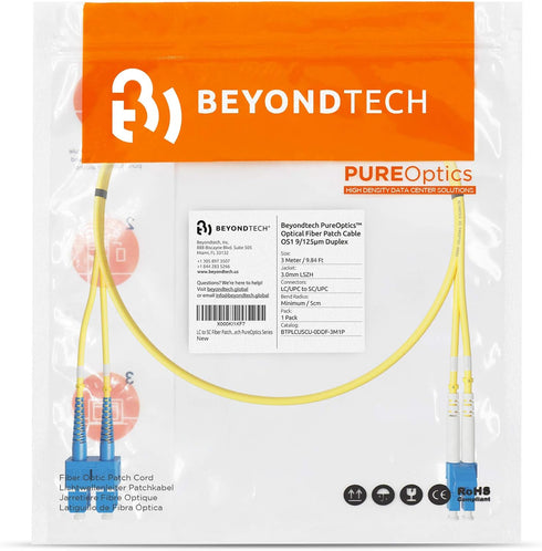 BEYONDTECH LC to SC Fiber Patch Cable Single Mode Duplex - 3m (9.84ft) - 9/125um, Compatible with OS1 - OS2, LSZH PureOptics Cable Series...