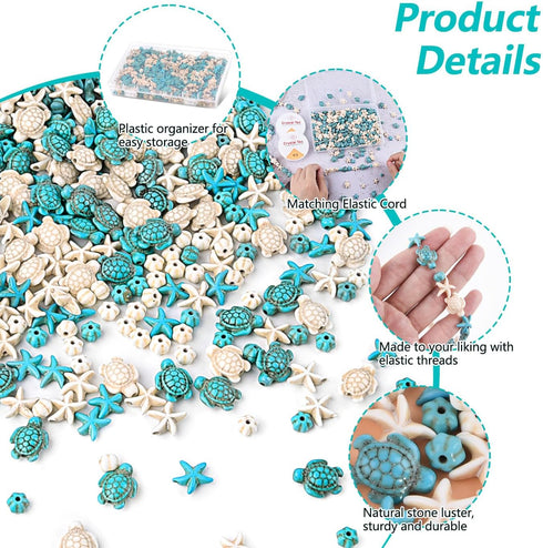 Tophoniex Turtle Beads Turtle Charms Sea Star Sea Turtle Turquoise Beads Seashell Beads for Making Bracelets Necklace Earrings Hair Ties(about 420...