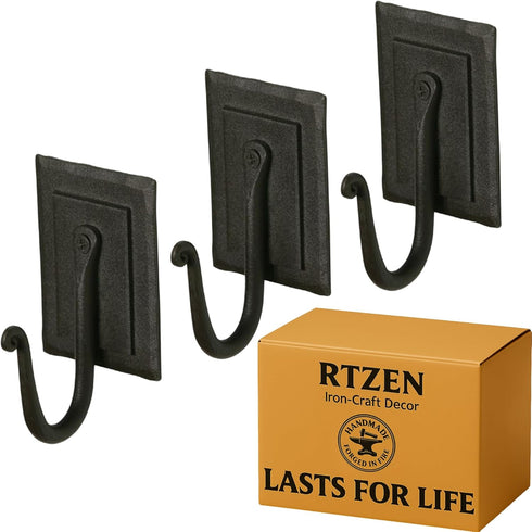 RTZEN Wall Mount Hook Set - Wrought Iron Decorative Rustic Metal Coat Hooks for Hanging - Handcrafted Classic Farmhouse Wall Mounted Black Hooks f...