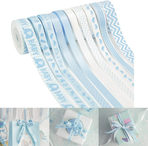 HUIHUANG Baby Blue Ribbon for Baby Shower Its A Boy Blue Ribbon Assorted Foot Print Elephant Satin Ribbon for Gift Wrapping Crafts Diaper Cake Bab...