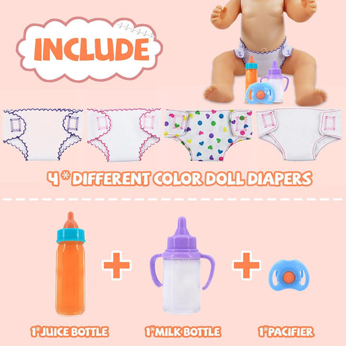 4Pcs Doll Diapers Doll Underwear for 14-18 Inch Baby Dolls Reusable Diapers Set with 3 Pcs Doll Feeding (Milk & Juice Bottles Toy Pacifier)...