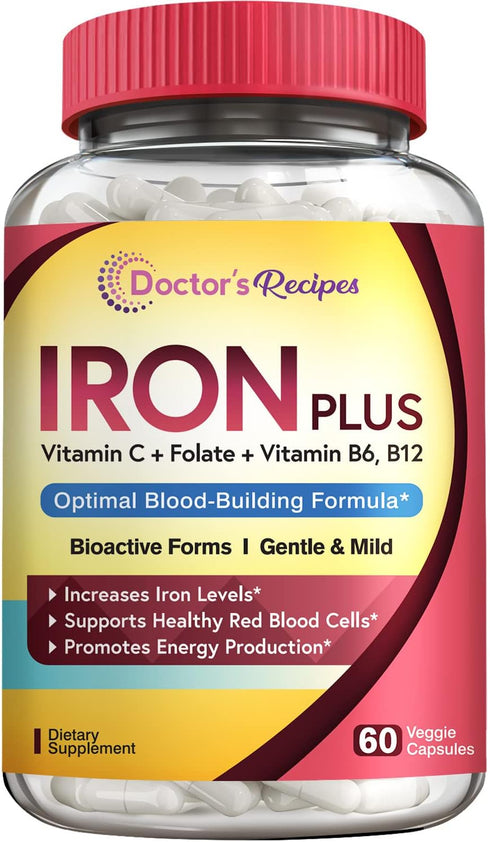 Doctor's Recipes Iron Supplement, with Vitamin C, B6, Folate & B12, Non-Constipating, Stomach Friendly, Gentle Iron Pills for Iron Deficiency, Blo...