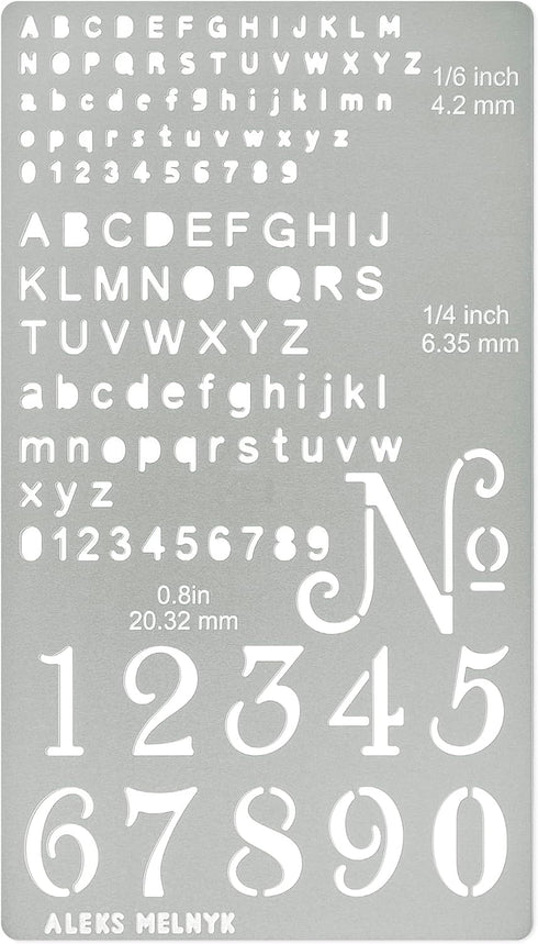 Aleks Melnyk No.422 Metal Stencil, Tiny Letters, Normografo, Pyrography, Wood Burning, 1 PC, Template, Engraving Wood and Patterns, Alphabet and N...