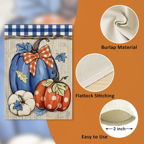 Fall Blue White Pumpkin Decorative Garden Flag, Autumn Plaid Check Farmhouse Yard Outside Decorations, Thanksgiving Rustic Burlap Outdoor Small Ho...