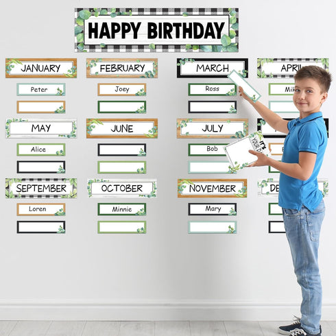 116Pcs Eucalyptus Birthday Bulletin Board Set Classroom Happy Birthday Chart Cutouts Name Plates Decorations for Calendars Bulletin Boards Wall Pr...