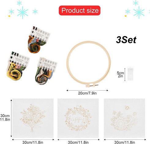 Lukinbox Embroidery Kits for Beginners Adults, 3 Sets Embroidery Starter Kit Include 3 Stamped Embroidery Clothes with Floral and Bee Pattern, 1 E...