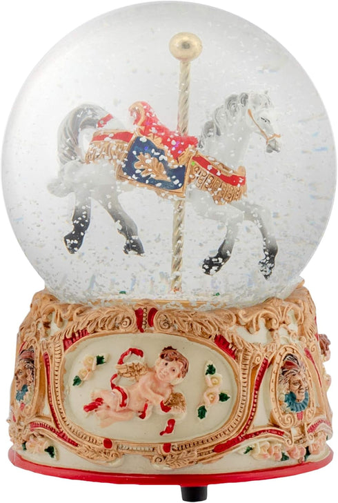 Gilded Gold Tone Cupid and Carousel Horse 100MM Musical Water Globe Plays Tune Unchained Melody...