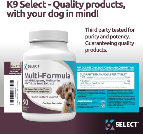 Multi-Formula Dog Supplement for Smaller Dogs - 10mg HMR Lignans, 1mg Melatonin, 20mg Milk Thistle - Helps Heart, Liver, Digestion, Skin & Coat He...