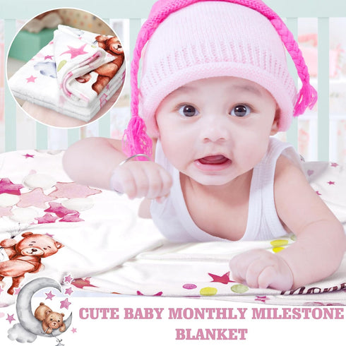 Sleeping Bear Monthly Baby Milestone Blanket Bear Star Balloon Flannel Blanket Boy Newborn Infant Swaddle Blanket Growth Chart Baby Blanket with F...