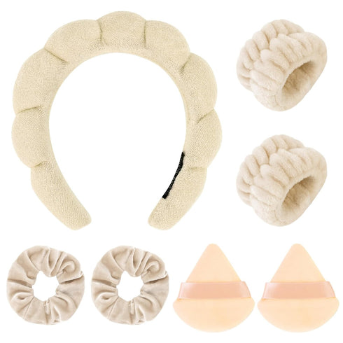 7Pc Puffy Spa Headband and Wristband Set Skincare Headband for Washing Face Scrunchies Powder Puffs Sponge Spa Makeup Headband Puffy Headband Terr...
