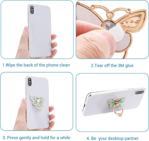 Cell Phone Ring Holder Stands, 4 Pcs Butterfly Phone Ring Holders with Rhinestones Glitter Butterfly Finger Kickstand Metal Hand Grip with Knob Lo...