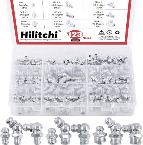 Hilitchi 123Pcs Metric Hydraulic Zerk Grease Fittings Assortment Kit (Metric)...