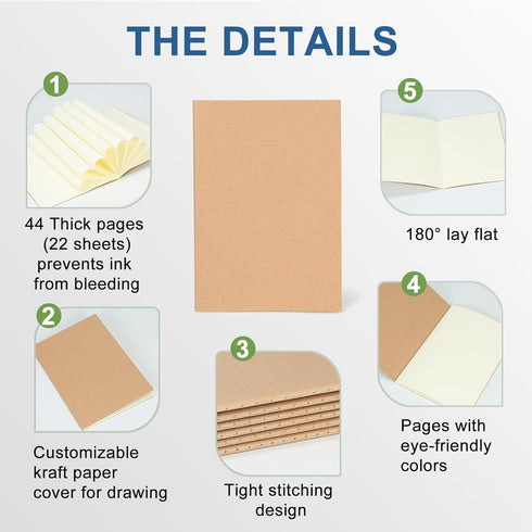 Small(Mini) Pocket Notebook Set, DIY Kraft Brown Cover, Quality Blank Unlined Material,Attention to Detail,5.1" X 3.5", 22 Pages Per Notebook, 6-P...
