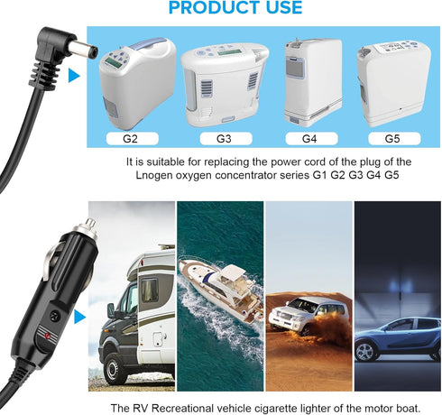 Replace The 12V car Charger Power Cord of The Lnogen One G1 G2 G3 G4 G5 Portable Oxygen Concentrator Series. Equipped with Replaceable Fuses, with...
