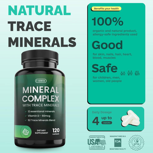 Premium Blend of 52 Trace Minerals Complex with Essential Minerals in Chelated Form – All Natural and 100% Organic - 120 Capsules - Full Spectrum ...