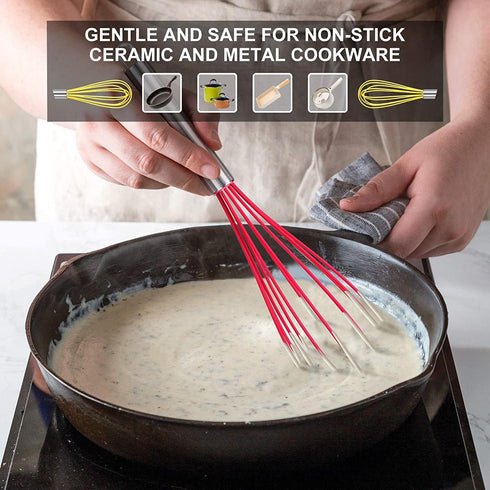 HOTEC 4 Pieces Silcone Whisks Set, Wire Balloon Whisks for cooking Egg Beater, Non-slip Handle Whisk for Non-stick Cookware Perfect for Cooking, S...