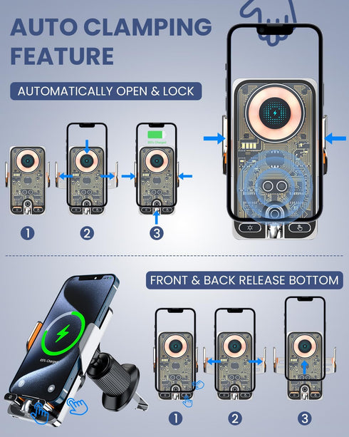 Wireless Car Charger Vent Mount, Car Phone Holder 15W Fast Charging, Auto Clamping Air Vent Phone Mount for iPhone 15/15 Pro/15 Pro Max, Samsung G...