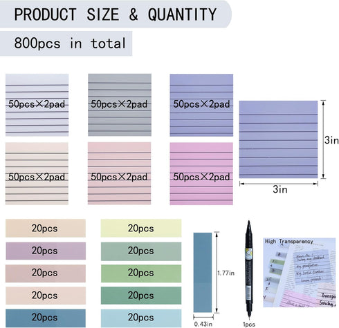 800Pcs Transparent Sticky Notes, 3"x3" Clear Sticky Notes with lined, Waterproof Translucent Sticky Note Pads for Books Annotation, Clear Post it ...