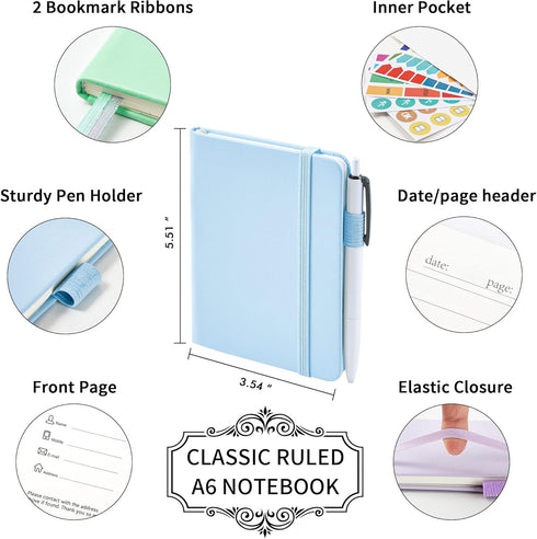 feela 3 Pack Pocket Small Notebook Journals, Mini Cute Hardcover College Ruled Notepad Women Office Supplies, with 3 Black Pens, 3.5”x 5.5”, A6, P...