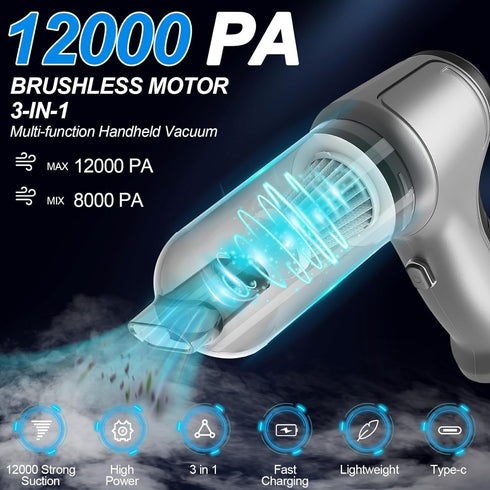 Mini Handheld Vacuum Cleaner Cordless - Car Vacuum Portable Rechargeable with High Power Brushless Motor 12000 PA Strong Suction 3 in 1 Mini Hand ...