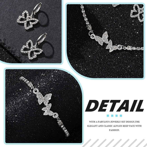 Rhinestone Butterfly Jewelry Set Silver Sparkly Crystal Necklace Chain with Bracelets and Earrings for Women(3PCS)...