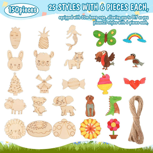 150 Pcs Wood Cutouts Ornaments for Crafts Wooden DIY Painting Kits for Kids Craft and Art Supplies Party Birthday Gift Favors Boys Girls Wooden Or...