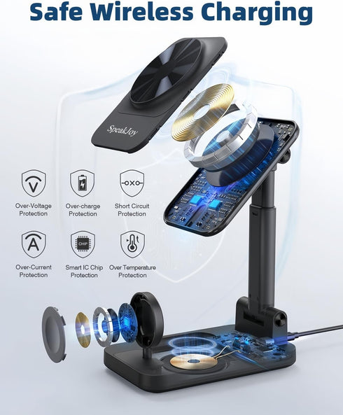 3 in 1 Foldable Wireless Charging Station for Apple Products, Adjustable Phone Charger Stand, Magsafe Charger Travel Dock for iPhone/Samsung/Googl...
