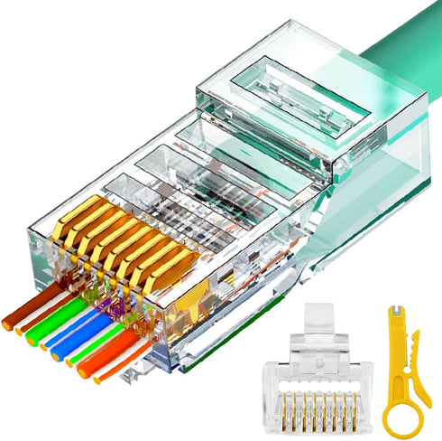 RJ45 Cat6 Cat5e Pass Through Connectors 100 Packs Gold Plated 3 Prong 8P8C Modular Ethernet UTP Network Cable Plug for Unshielded Twisted Pair Sol...