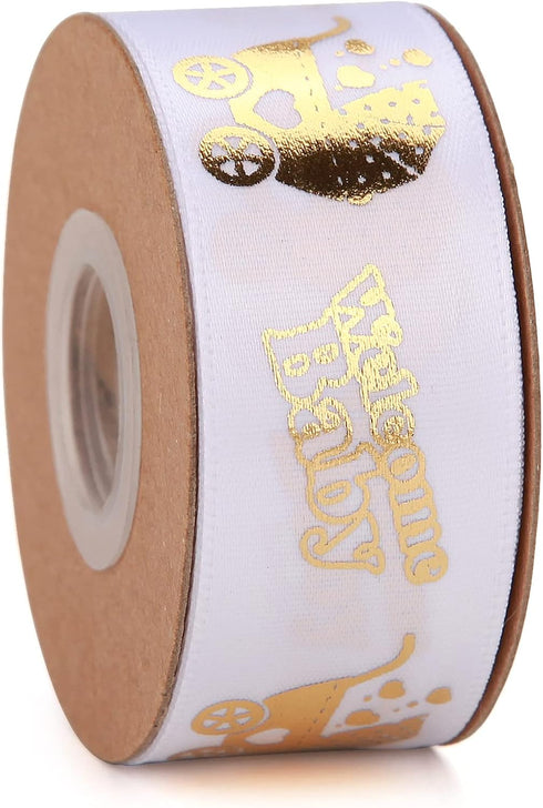 40 Yards Baby Shower Ribbon Welcome Baby White and Gold Ribbon Assorted Foot Print Ribbons for Crafts Cake Birthday,Gift Wrapping, Party Decoratio...