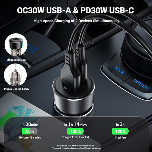 60W Fast Car Charger USB C with Voltage Display, ACEFAST PD3.0/QC3.0/AFC/FCP Fast Charging Dual Port Car Power Adapter for iPhone 13 Pro Max/13 Pr...