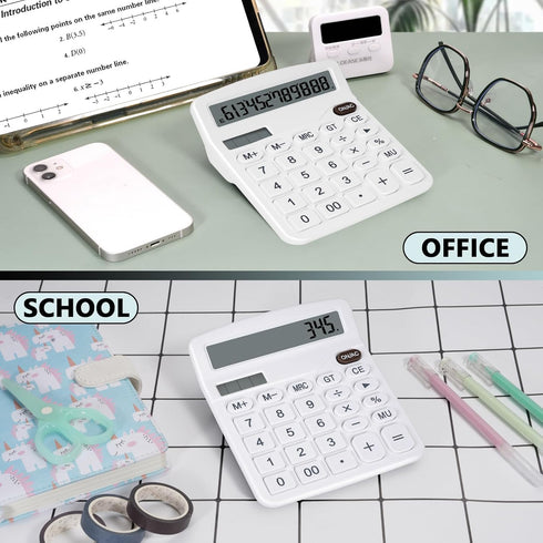 Cute White Desktop Calculator with Big Buttons, Dual Power Source, Solar and Battery, Large Display Screen - Perfect for Office, Teachers, and Stu...