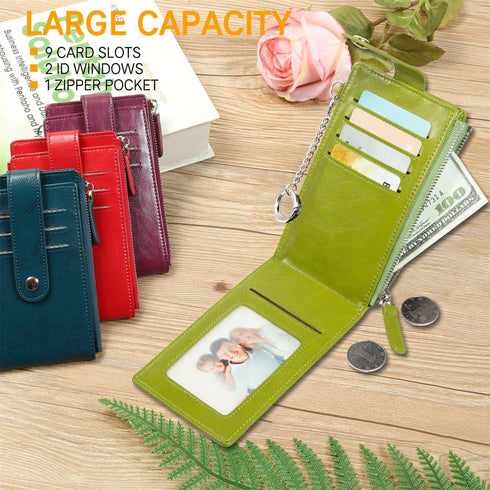 Credit Card Holder for Women RFID Small Wallet Women Slim - Multi Zipper Card Case with Keychain Oil Green...
