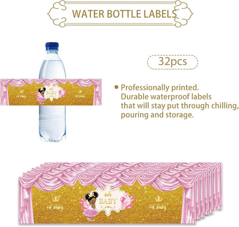 32pcs Gold Oh Baby Water Bottle Labels, Pink Glitter Gender Reveal/1st Birthday Bottle Stickers, Princess Sign Bottle Wrappers, Welcome Baby/Sweet...