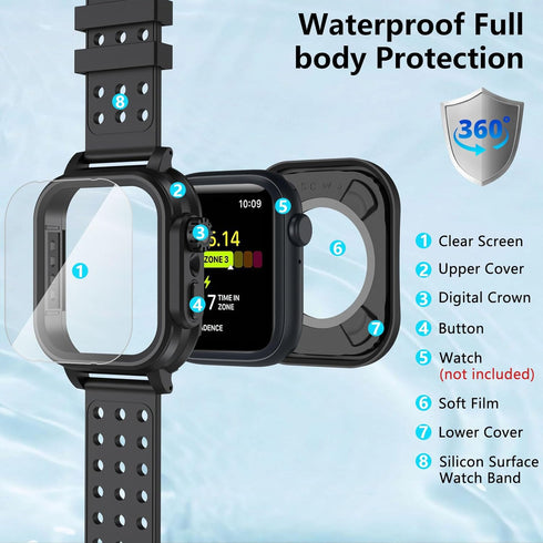 Hensinple Waterproof Case For Apple Watch Band 45mm Series 8/7 with Case, IP68 Waterproof Case built-in Screen Protector 360 Full Protective Shock...
