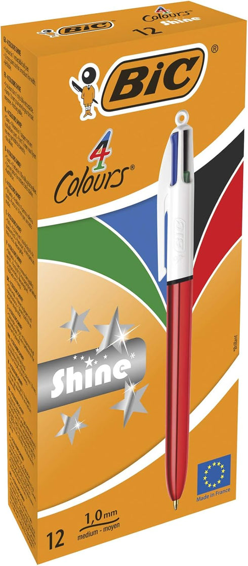 Bic 4 Colours Shine Ballpoint Pens Medium Point (1.0 mm) - Metallic Red Barrel, Box of 12...
