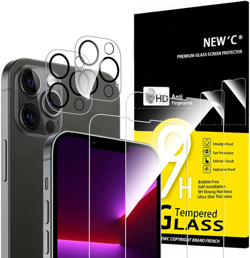 NEW'C 4 Pack, 2 Pack Screen Protector for iPhone 13 Pro + 2 Pack Camera Lens Protector, Sensor Protection,Case Friendly Tempered Glass Film......