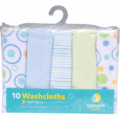 Spasilk Washcloth Wipes Set for Newborn Boys and Girls, Soft Terry Washcloth Set, Pack of 10, Blue Circles...