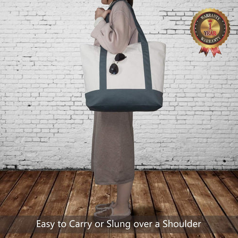 TOPDesign 1-Pack Canvas Tote Bag with an External Pocket, Reusable Grocery Shopping Bag, Top Zipper Closure, Daily Essentials (Grey/Natural)...