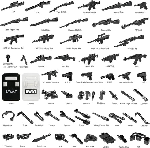 Military Weapons Pack WW2 Army Accessories Set for Figures, 280+ Pieces SWAT Soldier Brick Guns and Armor, Compatible with Major Brands Building B...