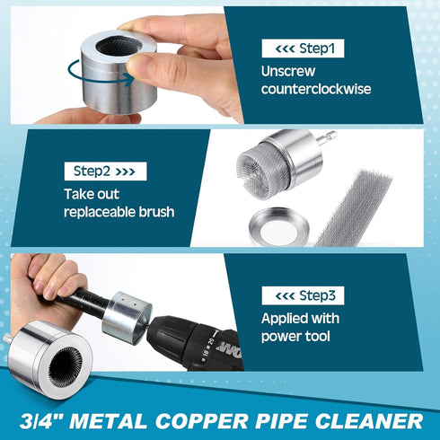 3/4" Metal Copper Pipe Cleaner with 2 Replaceable Brushes Tube Cleaning Brush Tube Cleaning Brush for Power Drill Metal Pipe Cleaning Brush Copper...