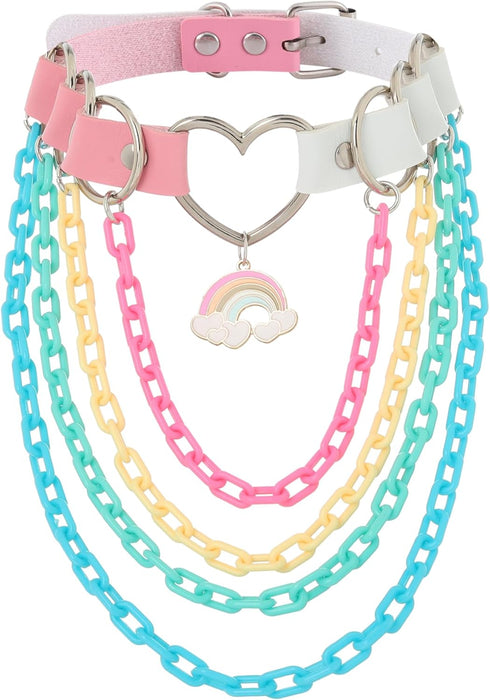 Navoky Punk Leather Choker Multilayered Acrylic Chain Heart Circle Necklace Gothic Layered Chain Collar Metal Ring Necklaces Adjustable Party Rave...