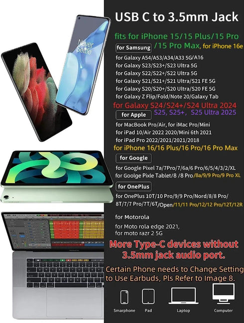 TITACUTE USB C to 3.5mm Jack Audio Adapter USB C Headphone Adapter Hi-res Aux Cord Stereo Earphones Dongle for iPad 10 Samsung S22 S23 Ultra S21 S...