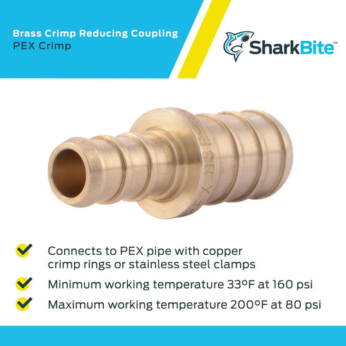 SharkBite 3/8 Inch x 1/2 Inch Crimp Reducing Coupling, Pack of 25, Brass Plumbing Fitting, PEX Pipe, PE-RT, UC009LF...