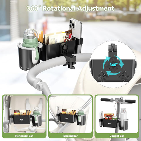 KDD Stroller Cup Holder with Snack Tray, 3-in-1 Universal Stroller Tray with Phone Holder, Removable Drink Holder, 360 Rotation Tray Attachment fo...