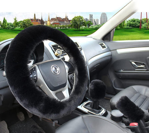 6pcs/Set Soft Fluffy Faux Wool Steering Wheel Cover & Seatbelt Shoulder Pads & Handbrake Cover & Gear Shift Cover Winter Warm Universal Fit (Black...