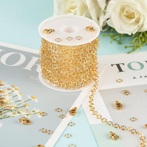 KYUNHOO 16.4 Feet Gold Plated Stainless Steel Jewelry Making Chains 4mm Circle Link Chain Bulk for Women Bracelet Necklace DIY Crafts Jewelry Supp...